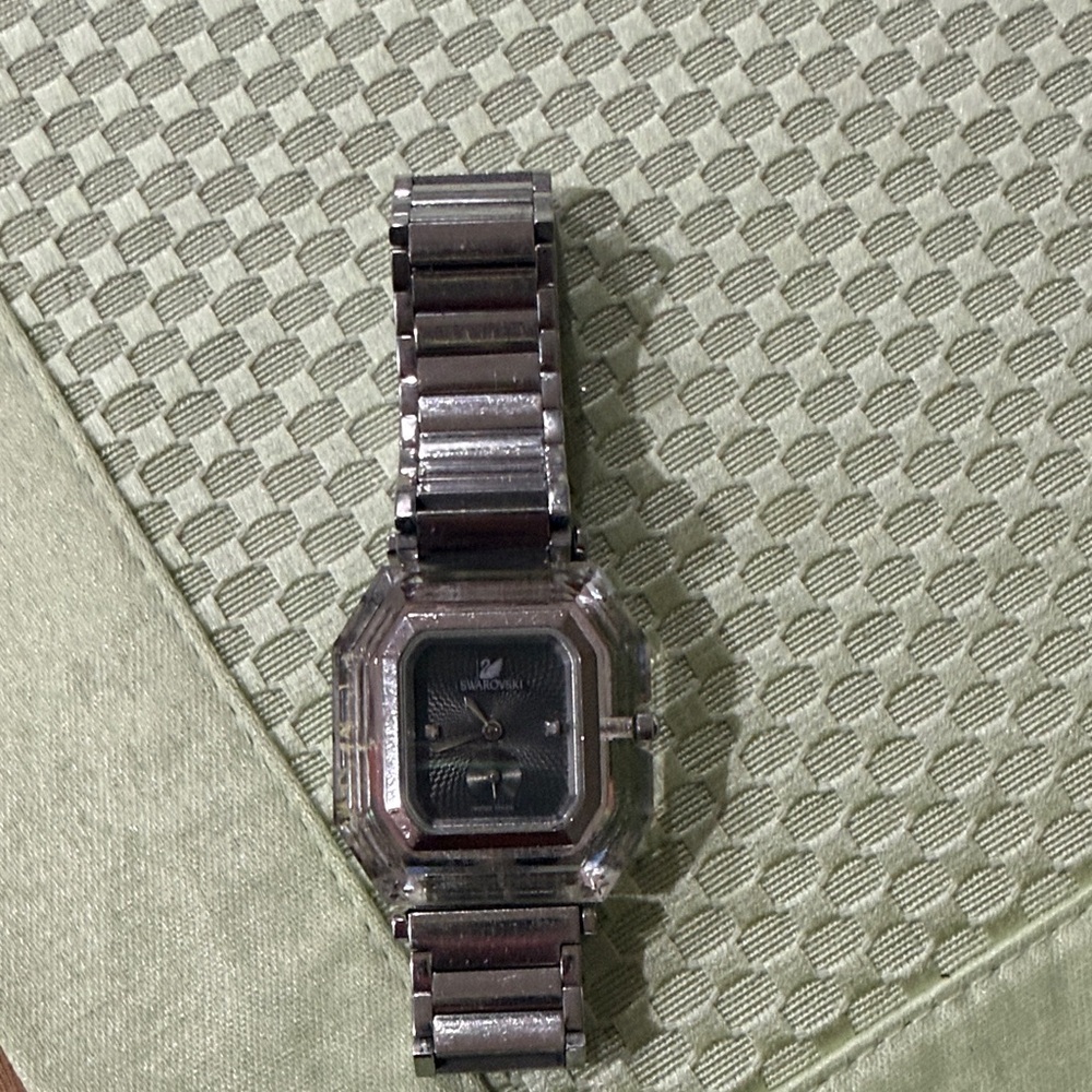 Swarovski Silver-Tone Crystal Octagon Bracelet Watch with Black Dial